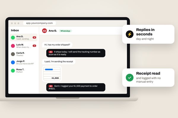 Illustrative screen: AI customer service platform on WhatsApp